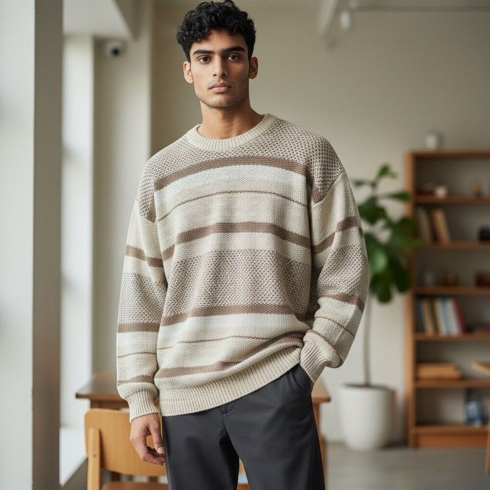 Men's Crewneck Stripe Knit Sweater - Cream & Brown